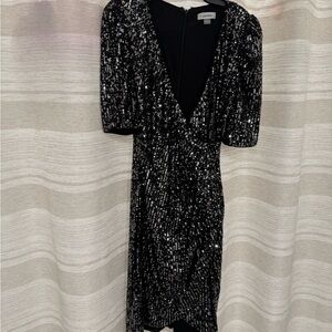 Calvin Klein Black Sequin Puff Sleeve Midi Dress